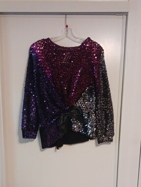 Saks Fifth Avenue Purple and Black Sequin Tie-Front Top